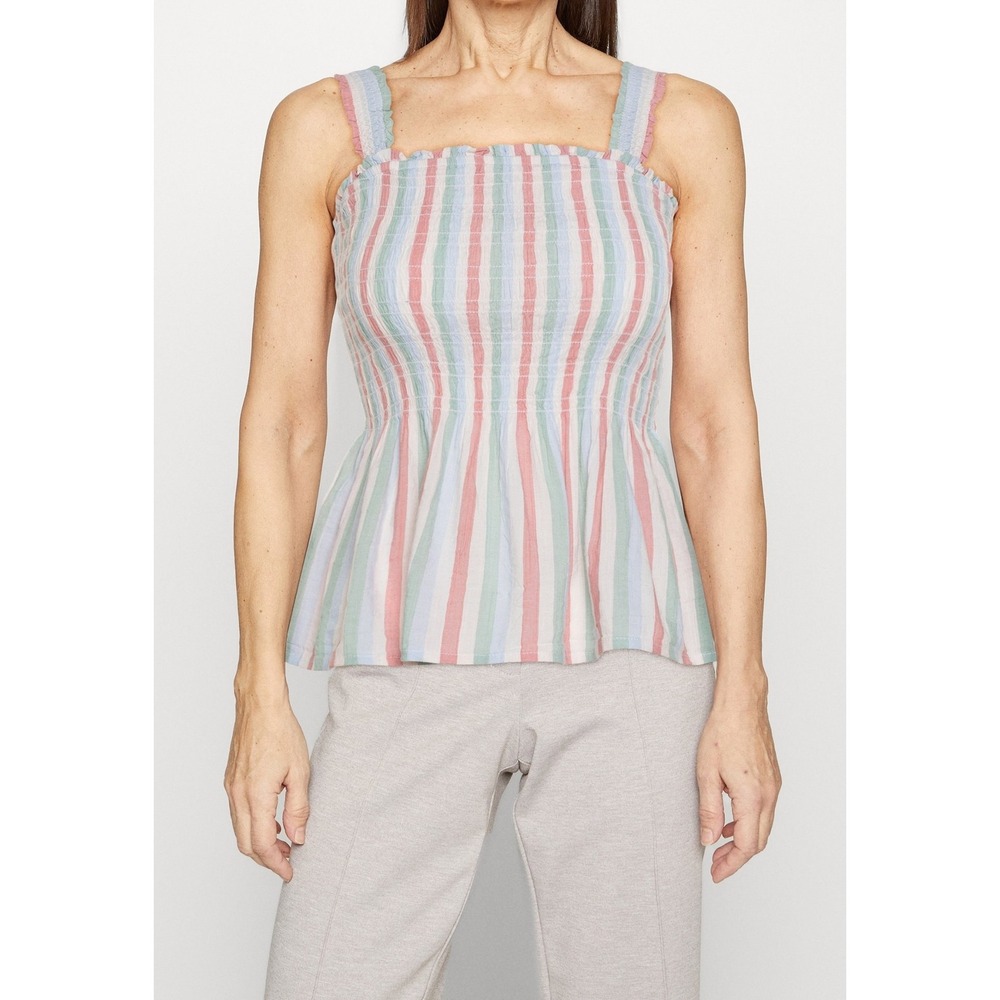 GAP Peplum Top Women XL Multi Color Stripe SL Smocked Top‎ Sleeveless Ruffle